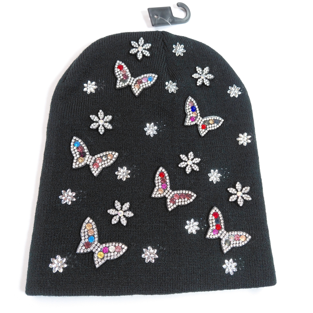 Natasha Rhinestone Beanie Hat One Sz Black  Winter Embellish Stretch Knit NWT